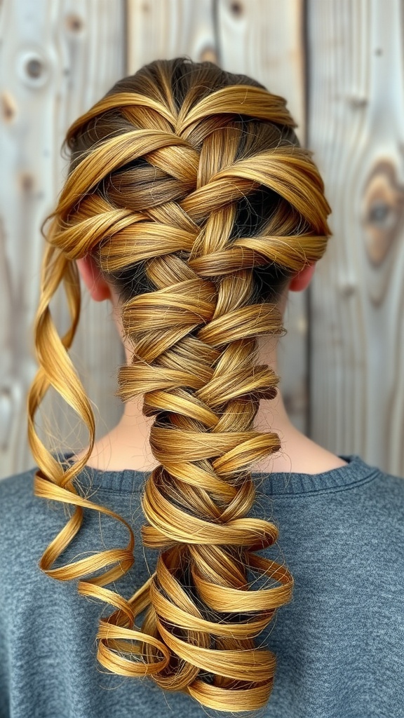 A fishtail braid hairstyle with curly ends, showcasing golden hair against a wooden background.