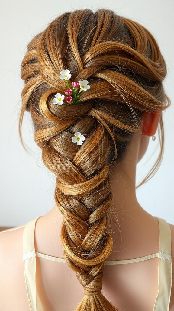 A fishtail braid hairstyle with ginger hair and flowers