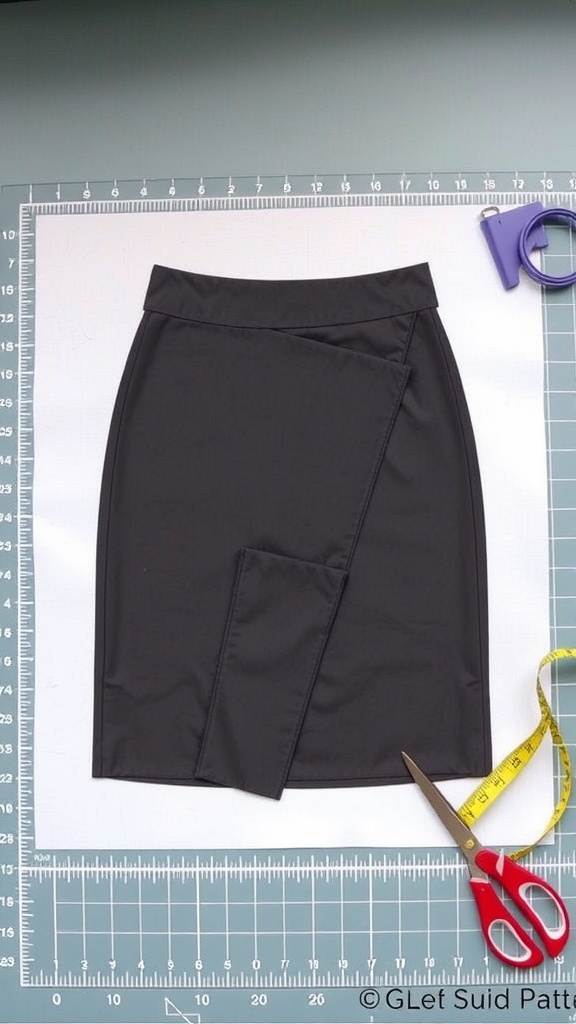 A fitted black mini wrap skirt laid flat with scissors and measuring tape beside it.