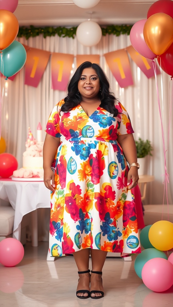 A woman wearing a colorful A-line midi dress at her birthday party, surrounded by balloons and decorations.