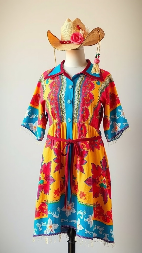 A vibrant floral Western dress with a straw hat displayed on a mannequin.