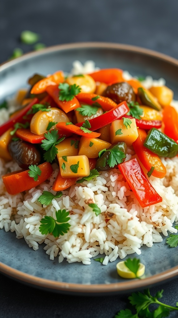 A bowl of cilantro lime rice topped with colorful stir-fried vegetables and fresh cilantro.
