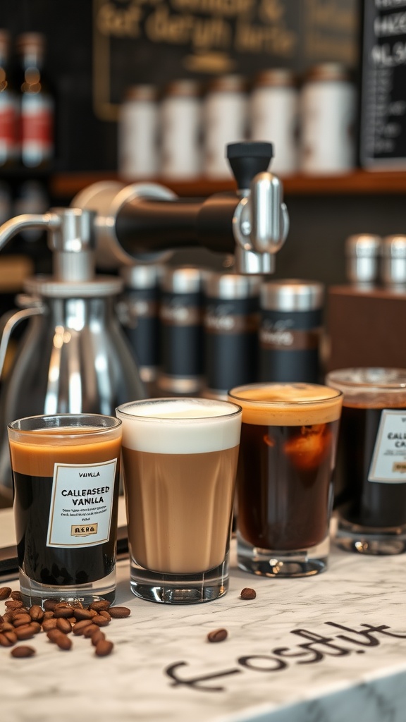 A coffee bar display featuring various flavor-infused coffee options, including vanilla-infused dark coffee, a creamy latte, and iced coffee.
