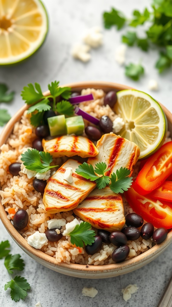 A bowl of cilantro lime rice topped with grilled chicken, black beans, and colorful vegetables.