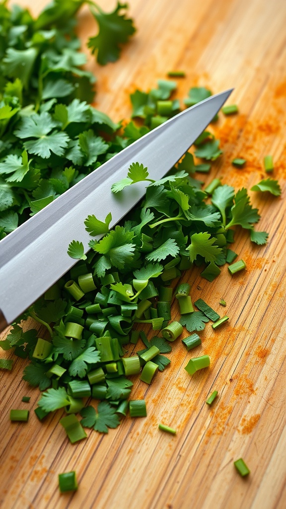 Chopped cilantro on a cutting board with a knife