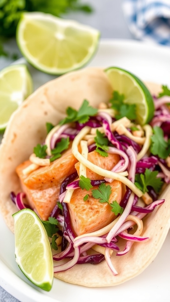 A plate of salmon tacos with slaw, garnished with lime wedges and cilantro.