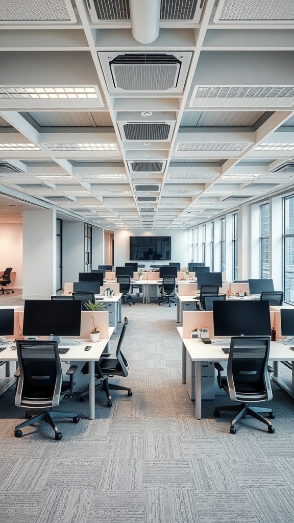 An organized corporate office space with multiple desks and large windows.