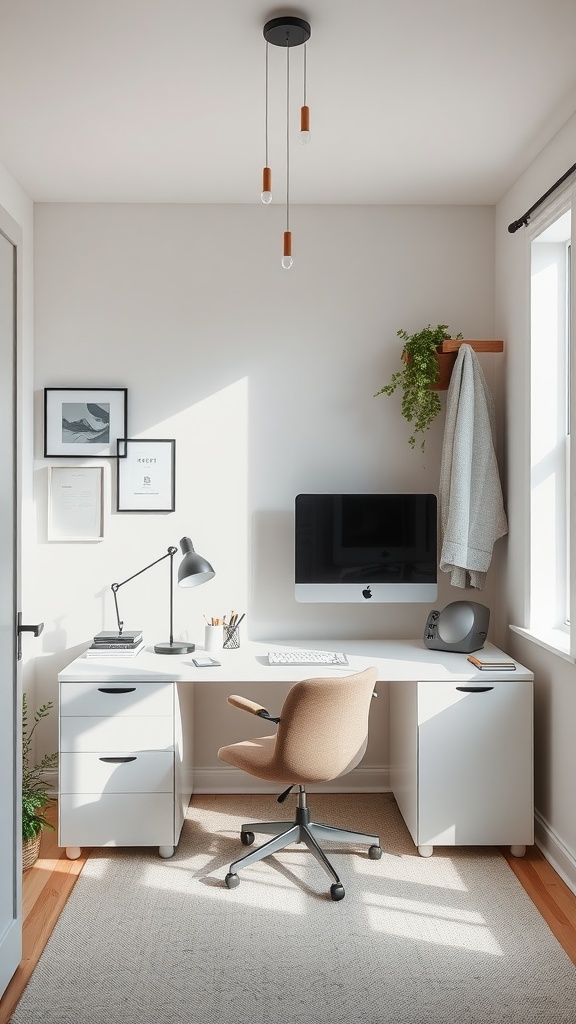 A small and modern home office featuring a desk with a computer, an ergonomic chair, and natural lighting from a window.