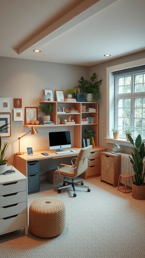 A modern home office with a desk, ergonomic chair, plants, and natural light.