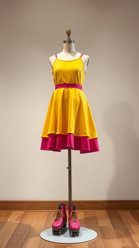 A vibrant yellow skater dress with pink accents displayed on a mannequin, paired with colorful roller skates.