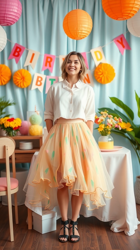 A woman smiling in a birthday-themed setting, wearing a flirty skirt and a white blouse.