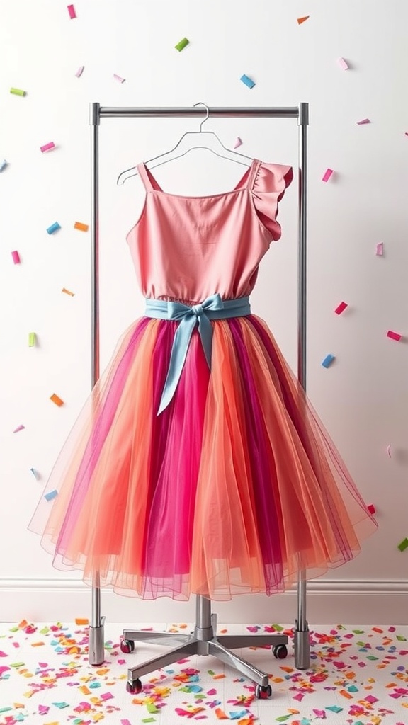 A colorful flirty skirt with a fun top on a clothes rack, surrounded by confetti.