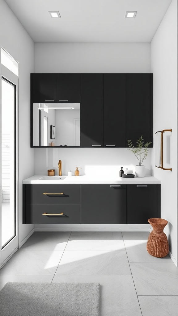 Modern bathroom featuring floating black cabinets with gold hardware