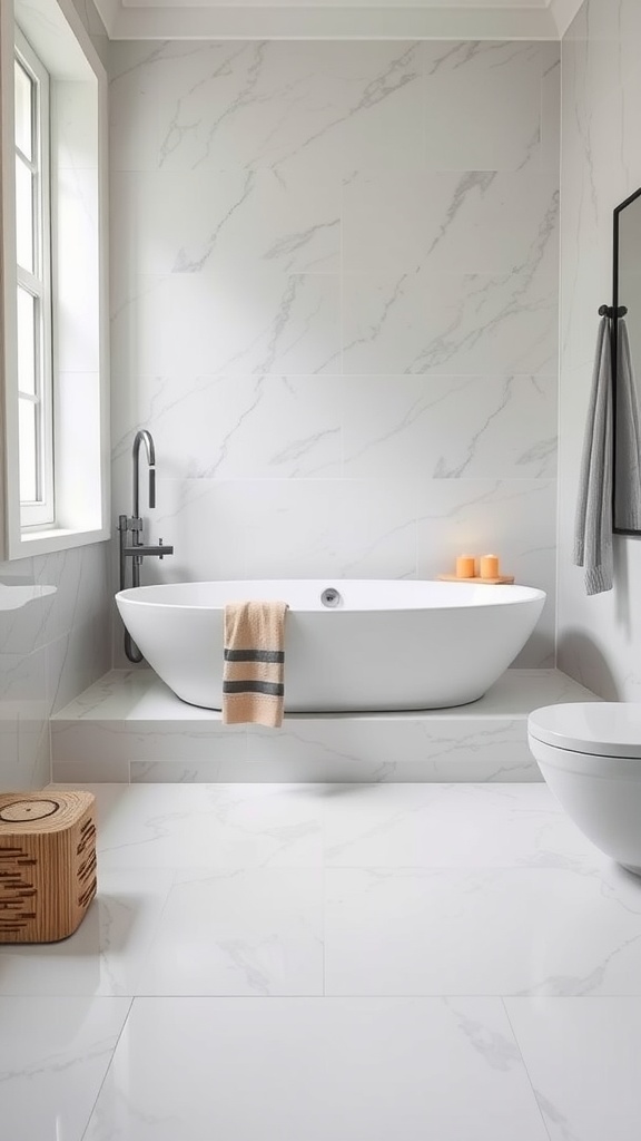 A modern small bathroom featuring a white floating tub, marble walls, and candles.