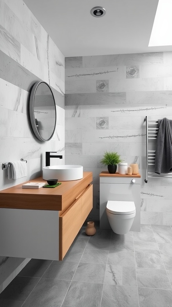 Modern bathroom featuring a floating vanity with a round mirror, gray tiles, and wood accents.