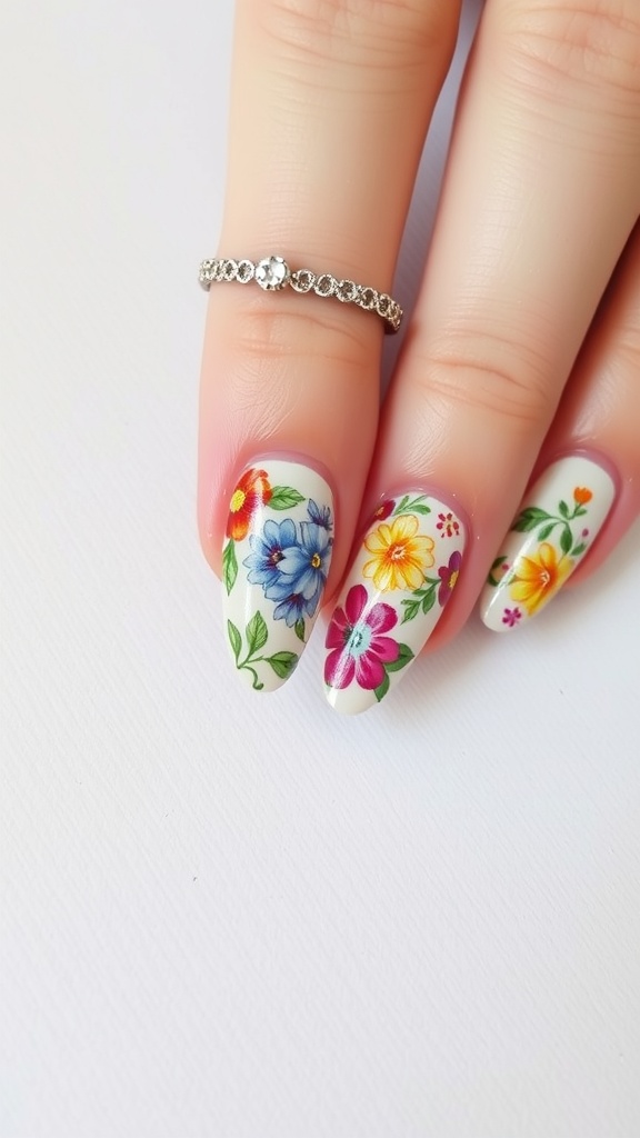 Close-up of almond-shaped nails with colorful floral designs and a delicate ring.