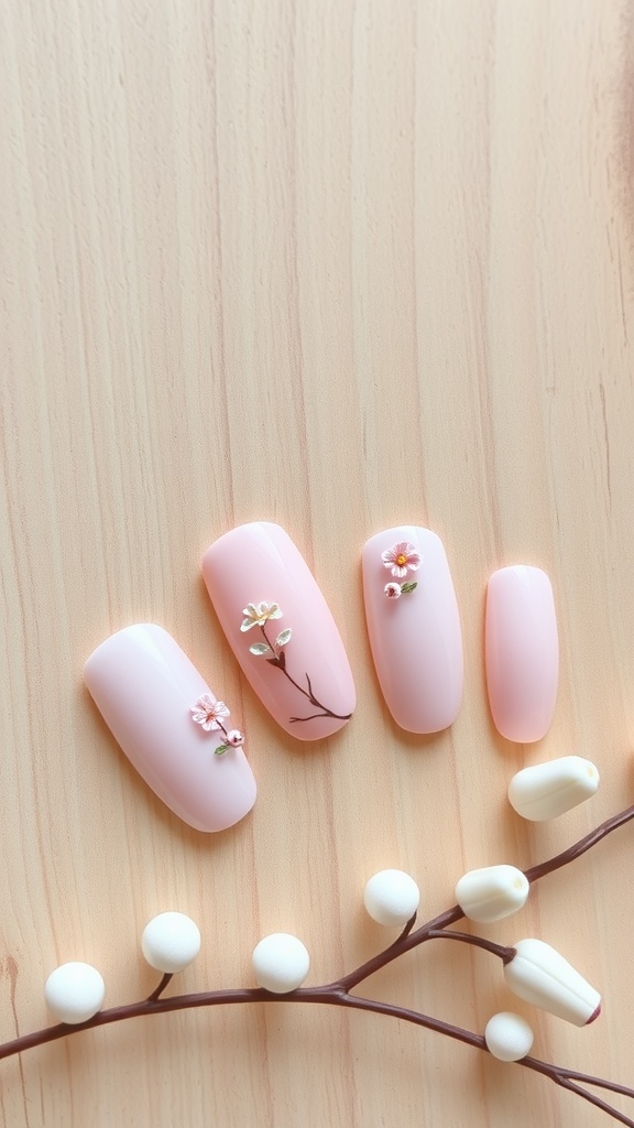 A set of almond-shaped nails with floral accents on a wooden background.