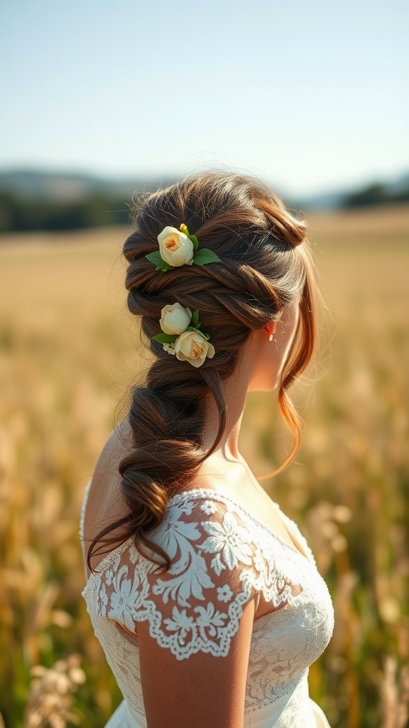 A bride with a floral accent twist hairstyle, featuring soft roses in her hair, standing in a field.