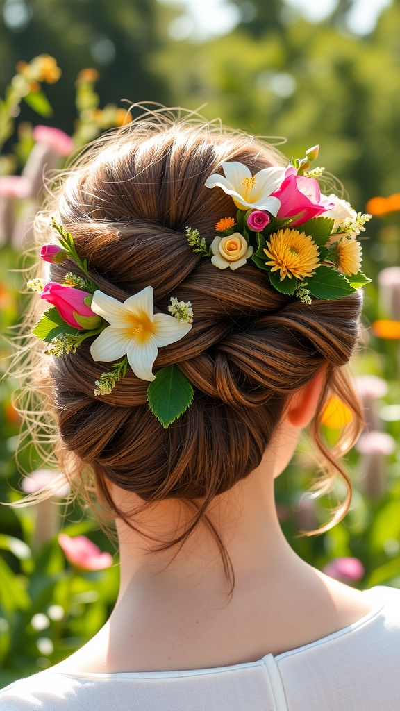 A back view of a woman with a floral accented updo hairstyle featuring white lilies and pink roses.