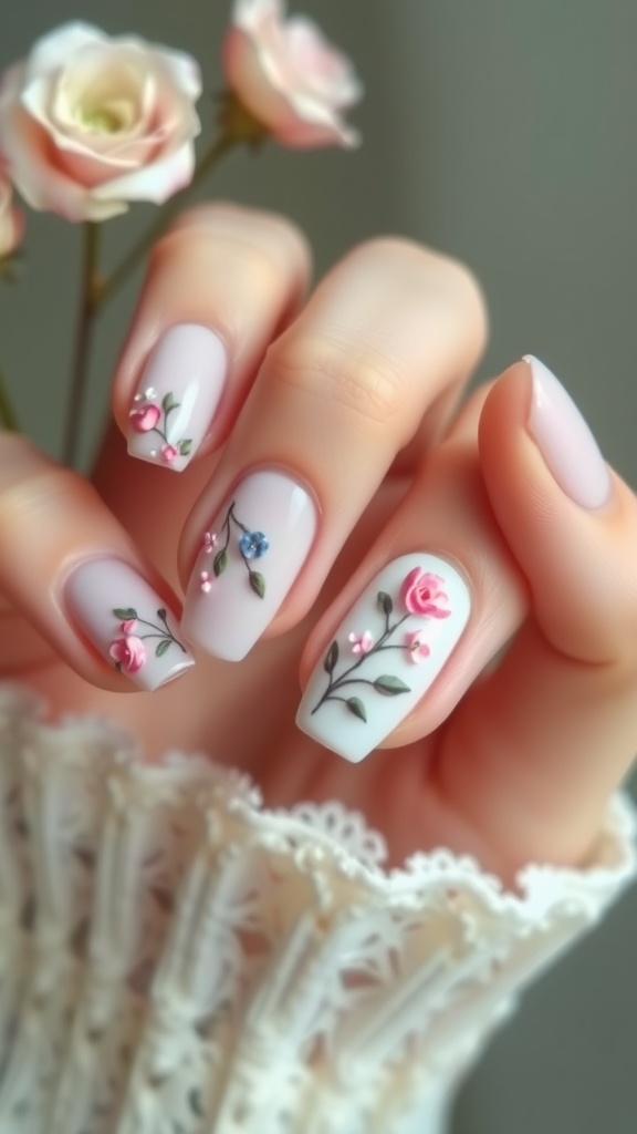 Short nails with floral accents in soft colors