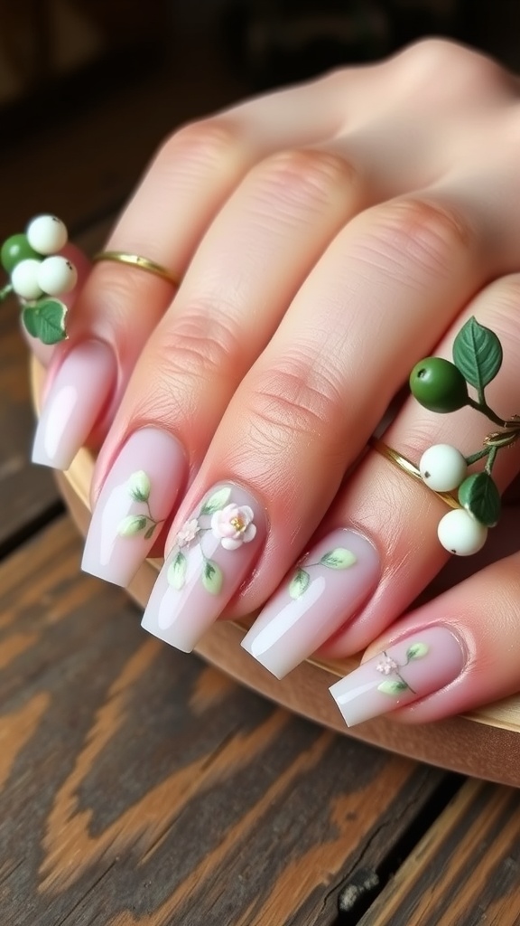 Close-up of short acrylic nails featuring floral designs in soft pink and green colors.