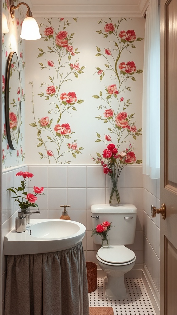 A beautifully decorated girly bathroom featuring floral wallpaper and pink flower arrangements.