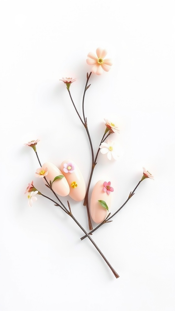 Almond nails with floral accents and branches, featuring pink and white flowers.