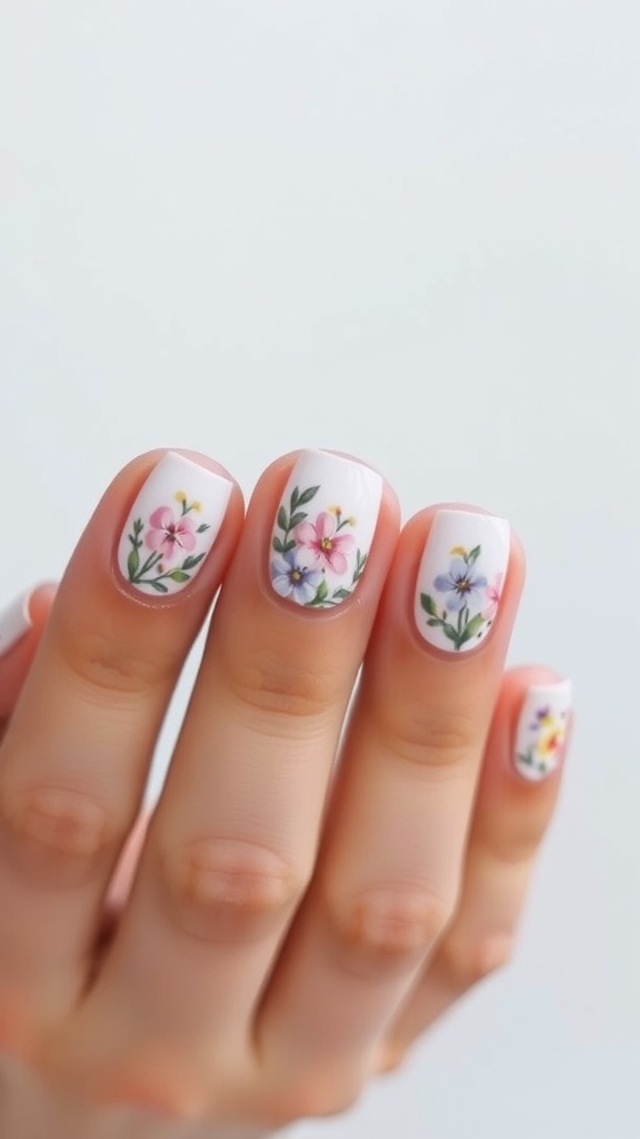 Close-up of manicured nails with small floral designs in pink and blue on a white background