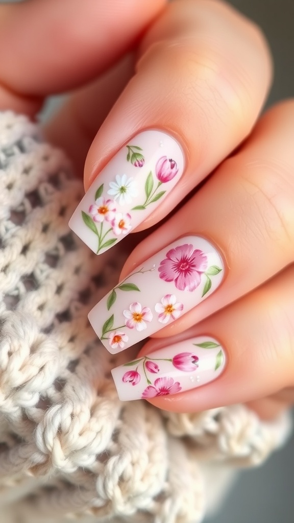 Close-up of gel nails featuring colorful floral designs on a light background