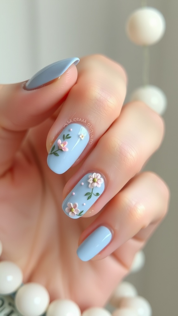 Light blue nail art with floral accents and green leaves.