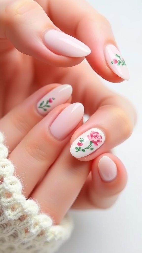 Almond-shaped nails with floral accents in soft pastel colors