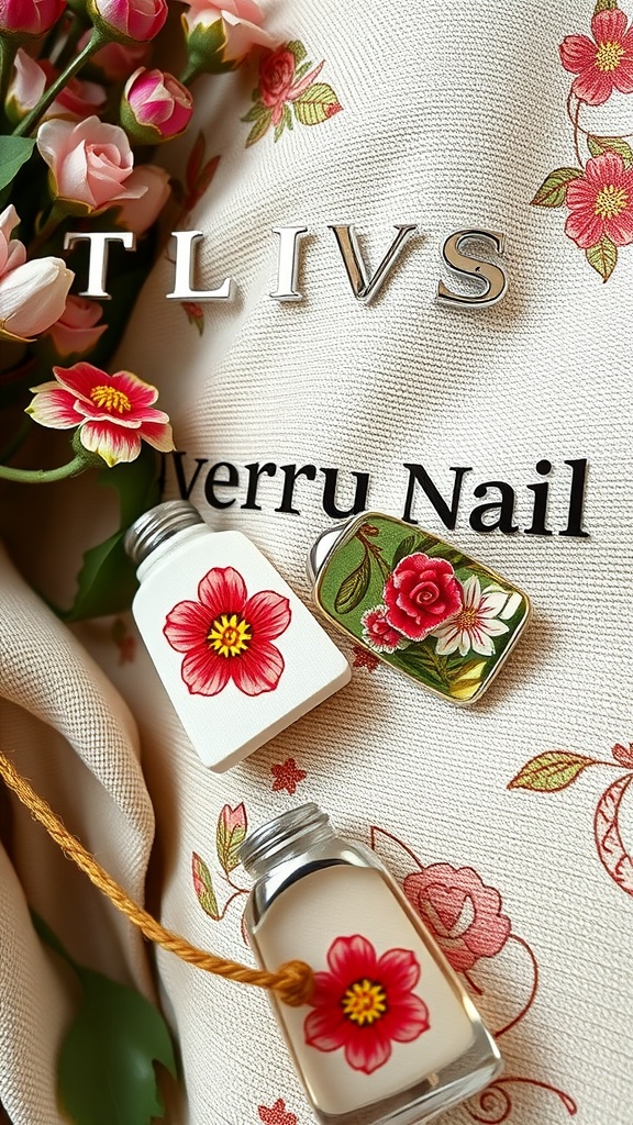 Chrome French nails with floral accents and decorative elements