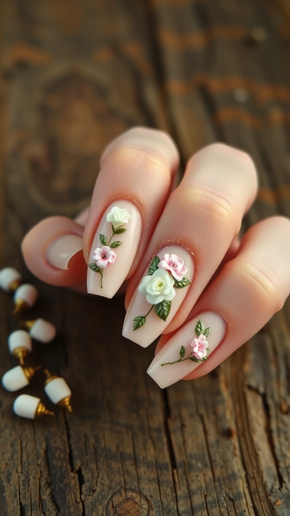 Close-up of coffin nails with floral designs in soft colors on a wooden surface.