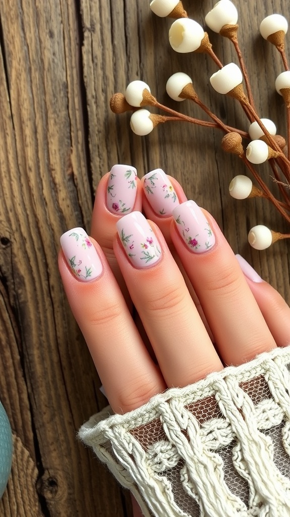 Close-up of French nails with floral accents against a wooden background