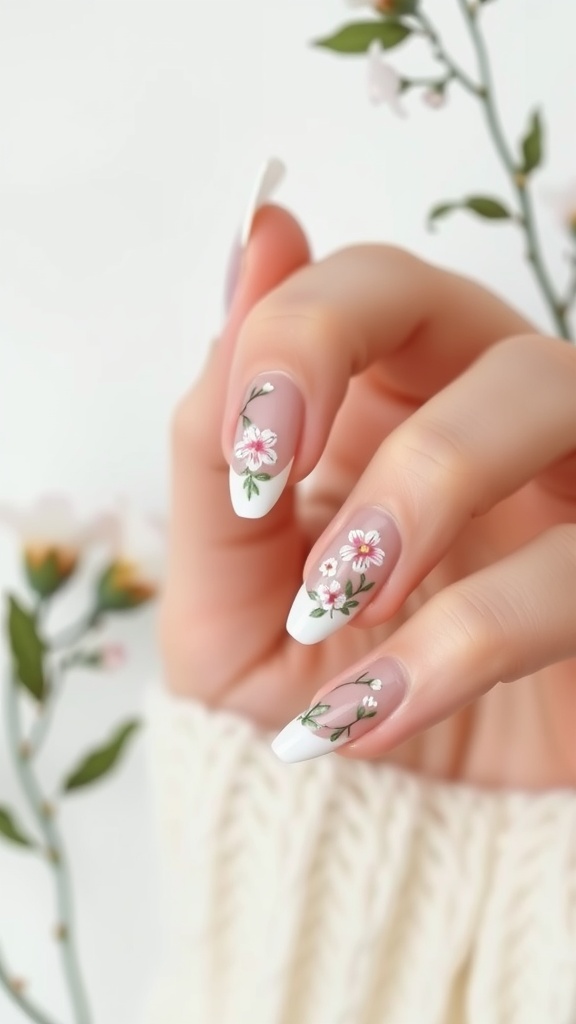 A close-up of beautifully designed French tip nails featuring delicate floral accents.