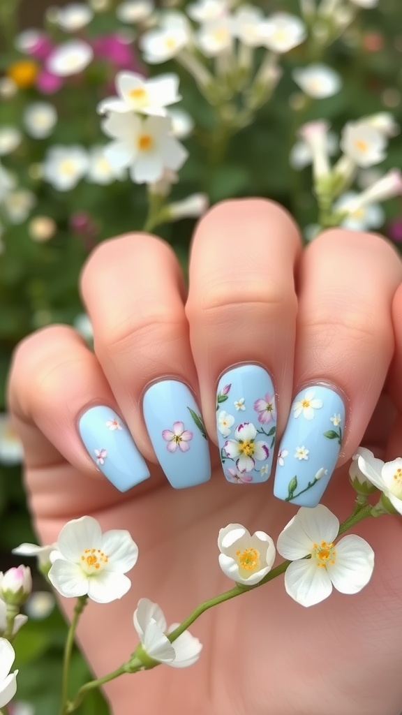 Light blue nails with floral accents, displayed among white flowers.