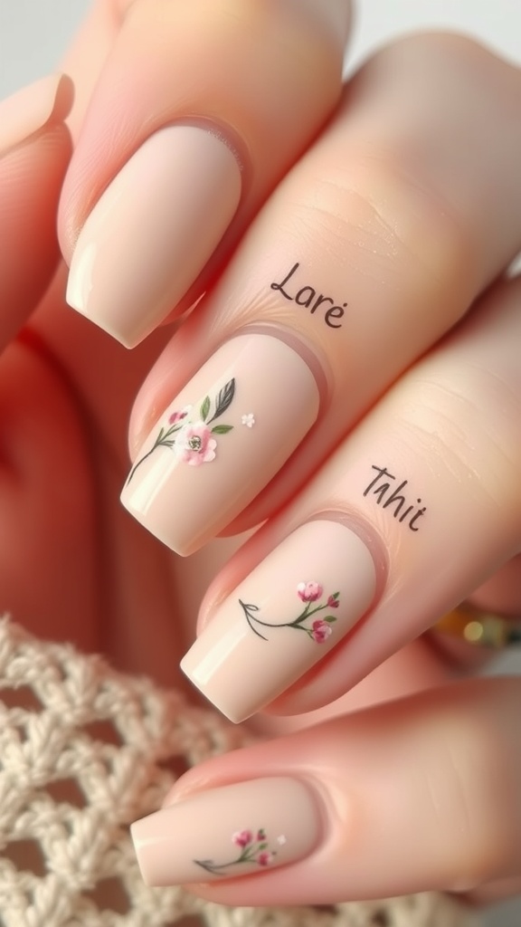Nails with floral accents on a neutral base, showcasing delicate pink flowers against a nude background.