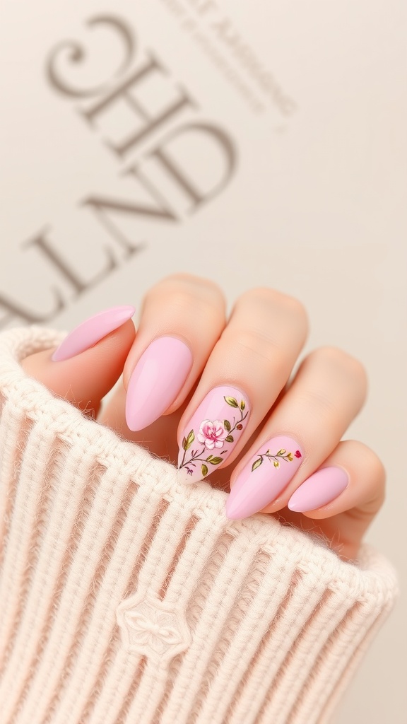 Pink almond-shaped nails with floral designs