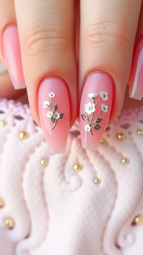 Pink French tip nails with floral accents and chrome finish