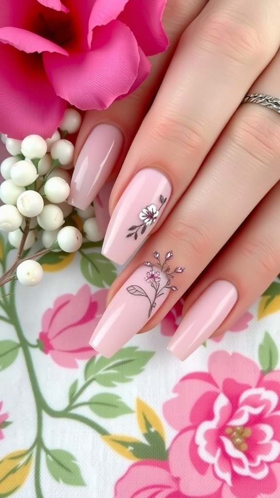 Short pink chrome nails with floral accents