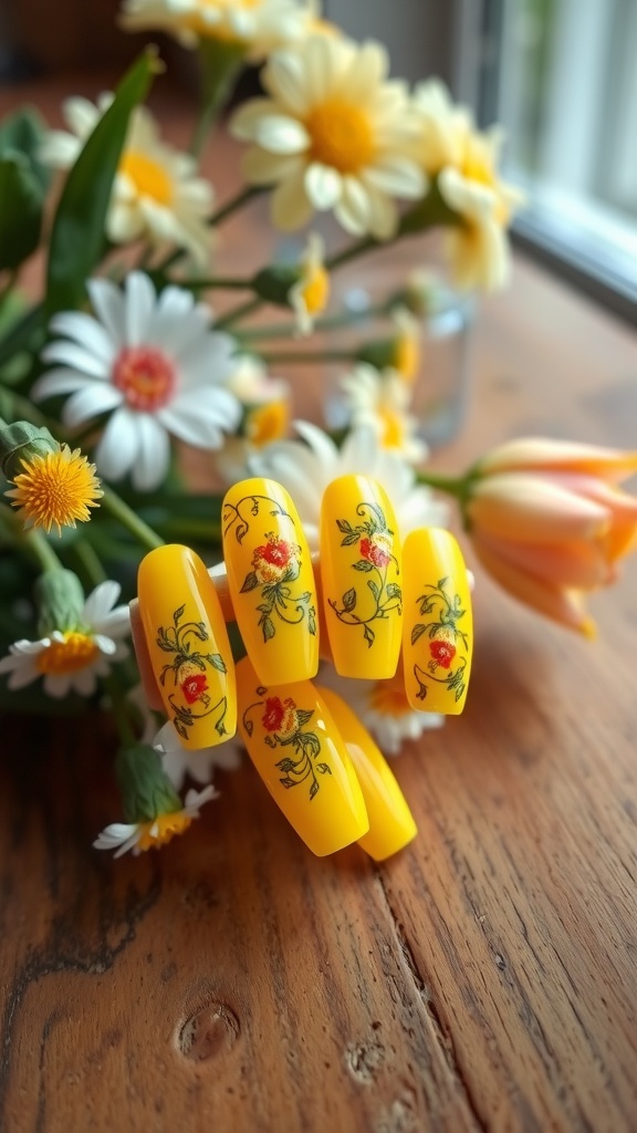 Close-up of yellow French nails with floral accents, surrounded by fresh flowers on a wooden surface.