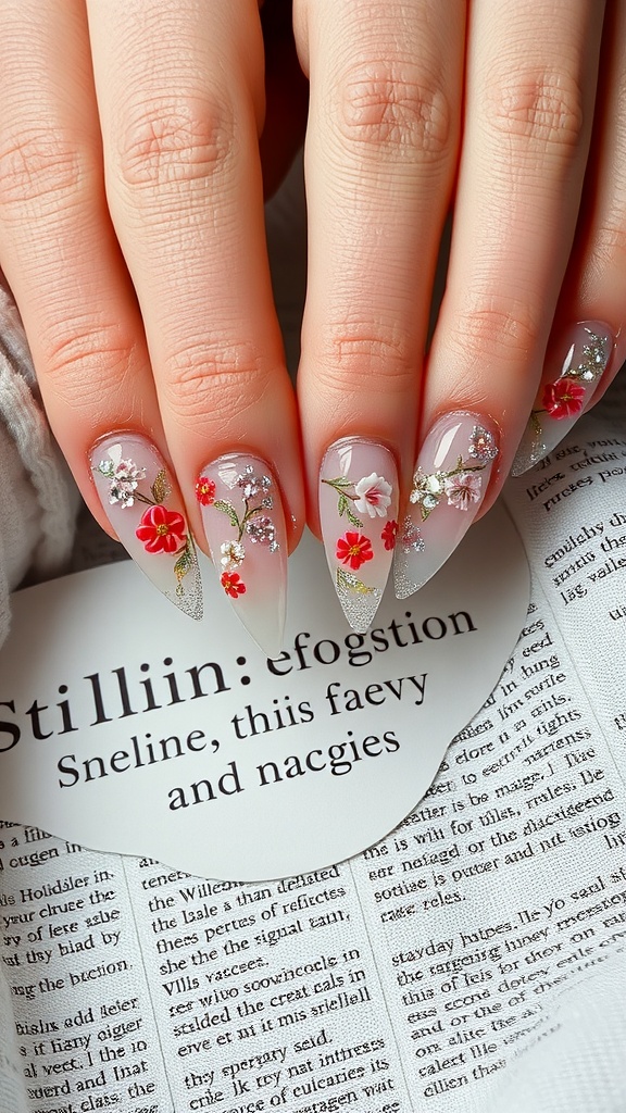Stiletto nails with floral designs and glitter accents on a newspaper background