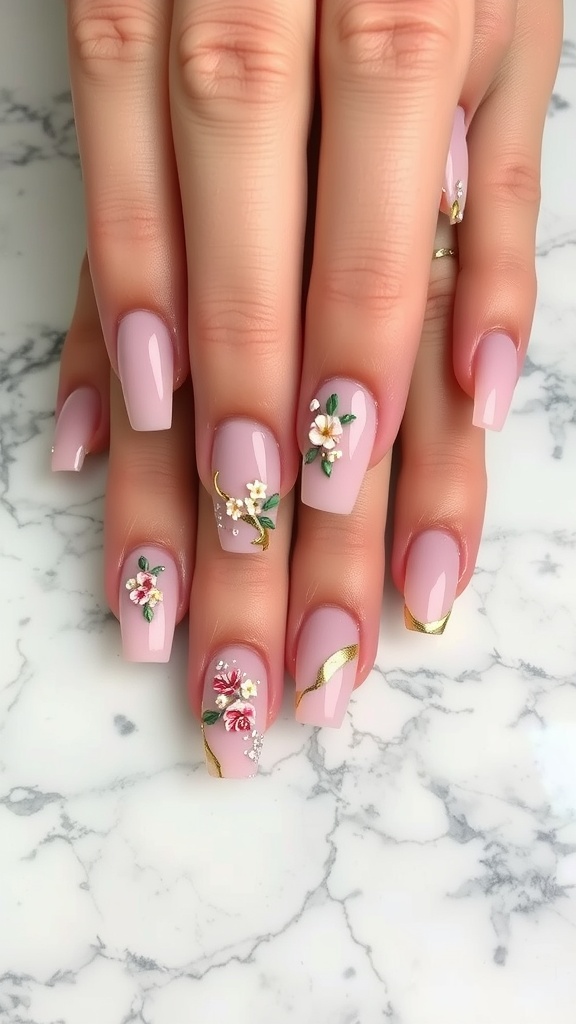 Square nails with floral accents and gold foil on a marble background