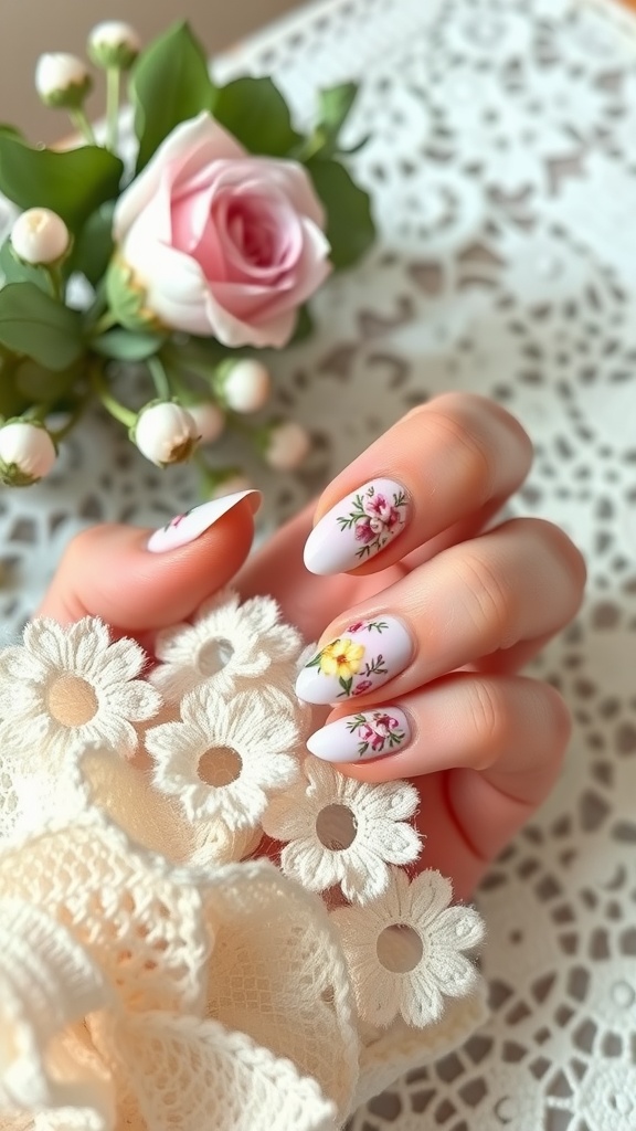 Almond shaped nails with floral designs and a rose in the background