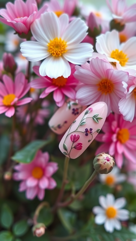 Close-up of almond-shaped nails with floral designs surrounded by colorful flowers.