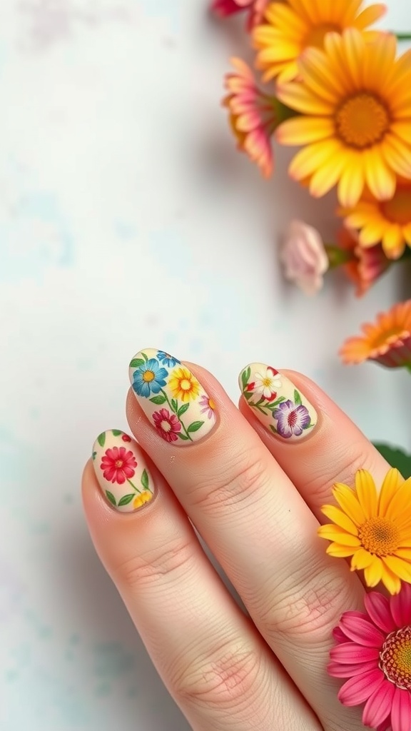 Close-up of almond-shaped nails with colorful floral designs, surrounded by fresh flowers.