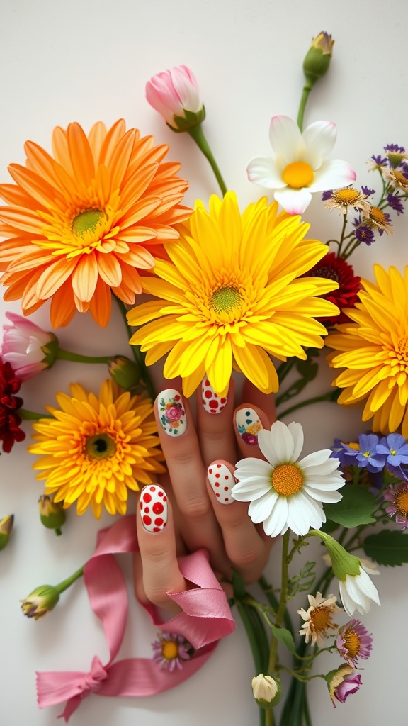 A hand with polka dot nails surrounded by various colorful flowers