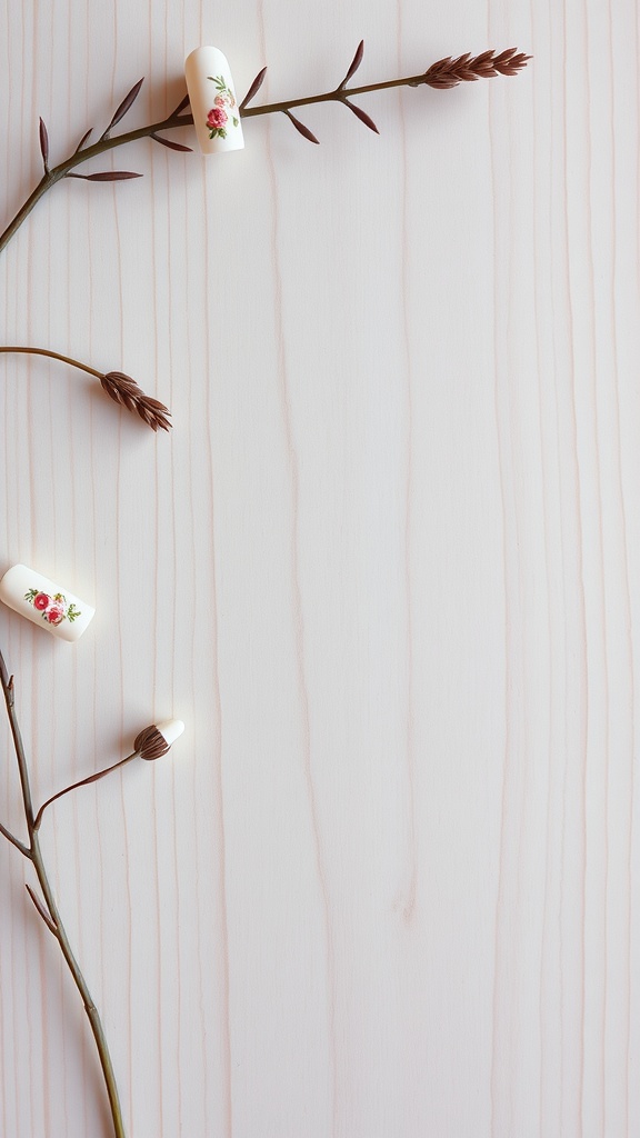 Nail tips with floral designs on a light wooden background