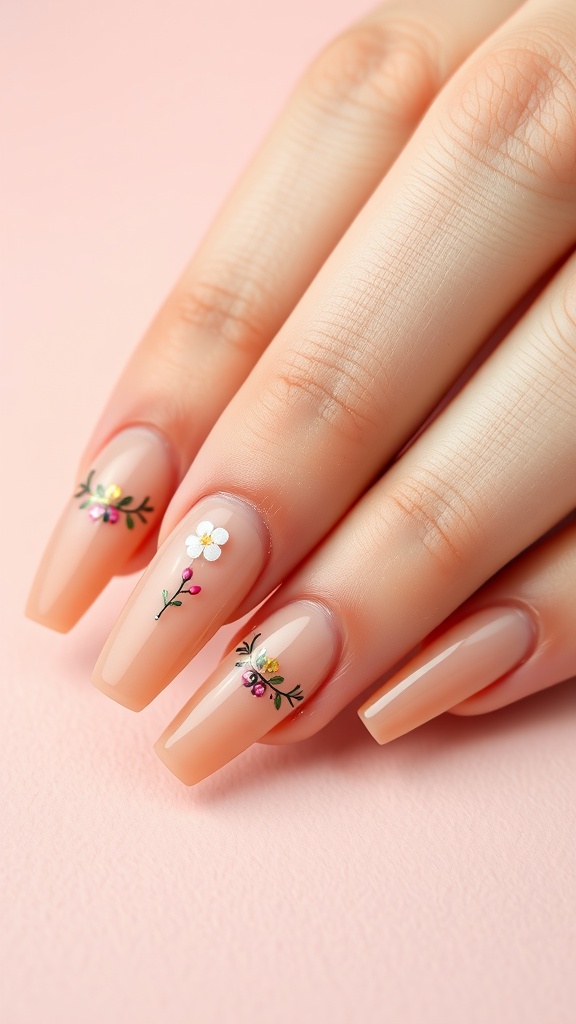 Close-up of almond-shaped acrylic nails featuring floral art designs.