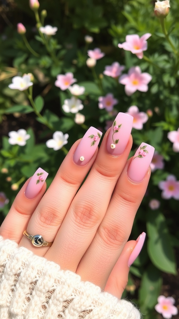 Close-up of pink French tip nails with floral art and chrome finish, held against a backdrop of flowers.